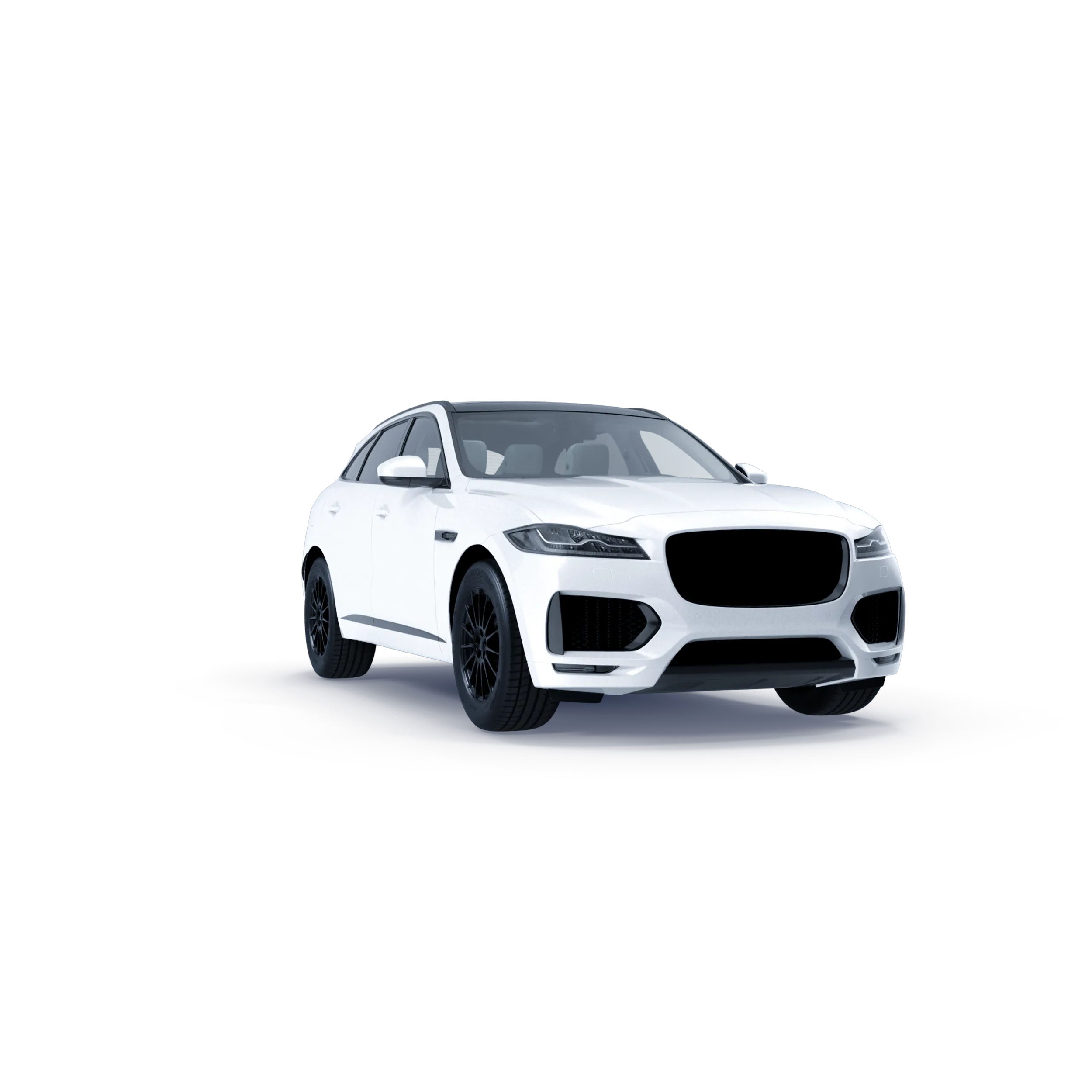 Lujosa SUV Jaguar F-Pace color blanco con paquete de diseño negro y rines deportivos.