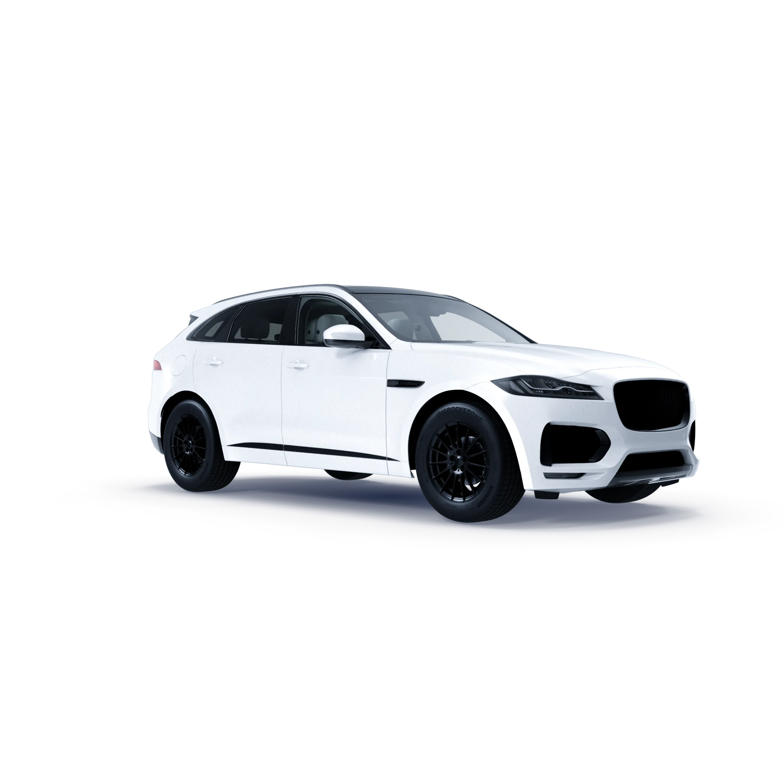 Lujosa SUV Jaguar F-Pace color blanco con paquete de diseño negro y rines deportivos.