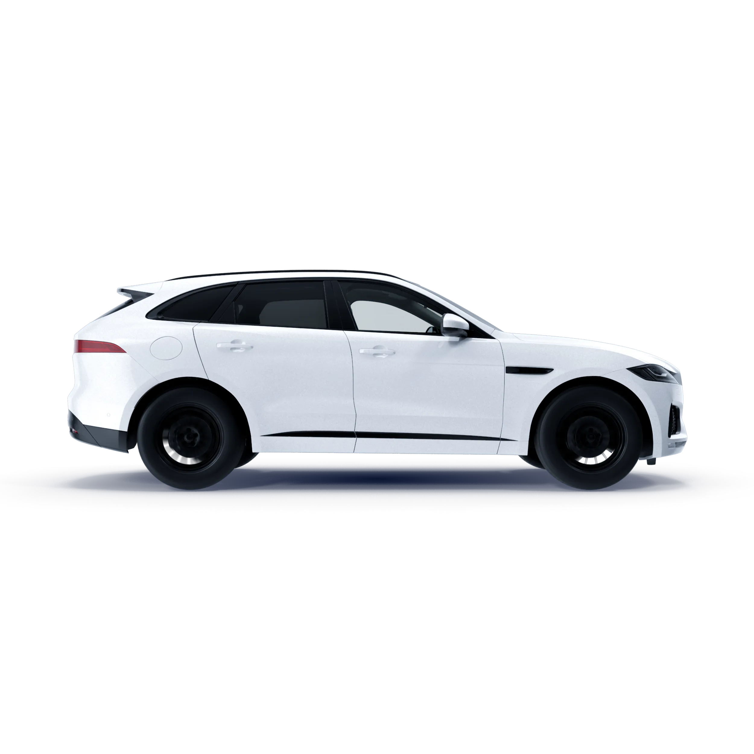 Perfil lateral de una SUV Jaguar F-Pace blanca con rines deportivos negros y techo panorámico.